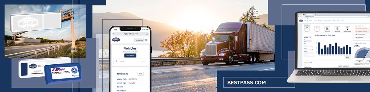 A red truck is driving down a sunny mountain road. To the right is a blue overlay showing a laptop open to Betspass.com's customer portal. To the left is a cell phone that is opened to the customer portal, an image of a toll gantry, and two different styles of Bestpass transponders.