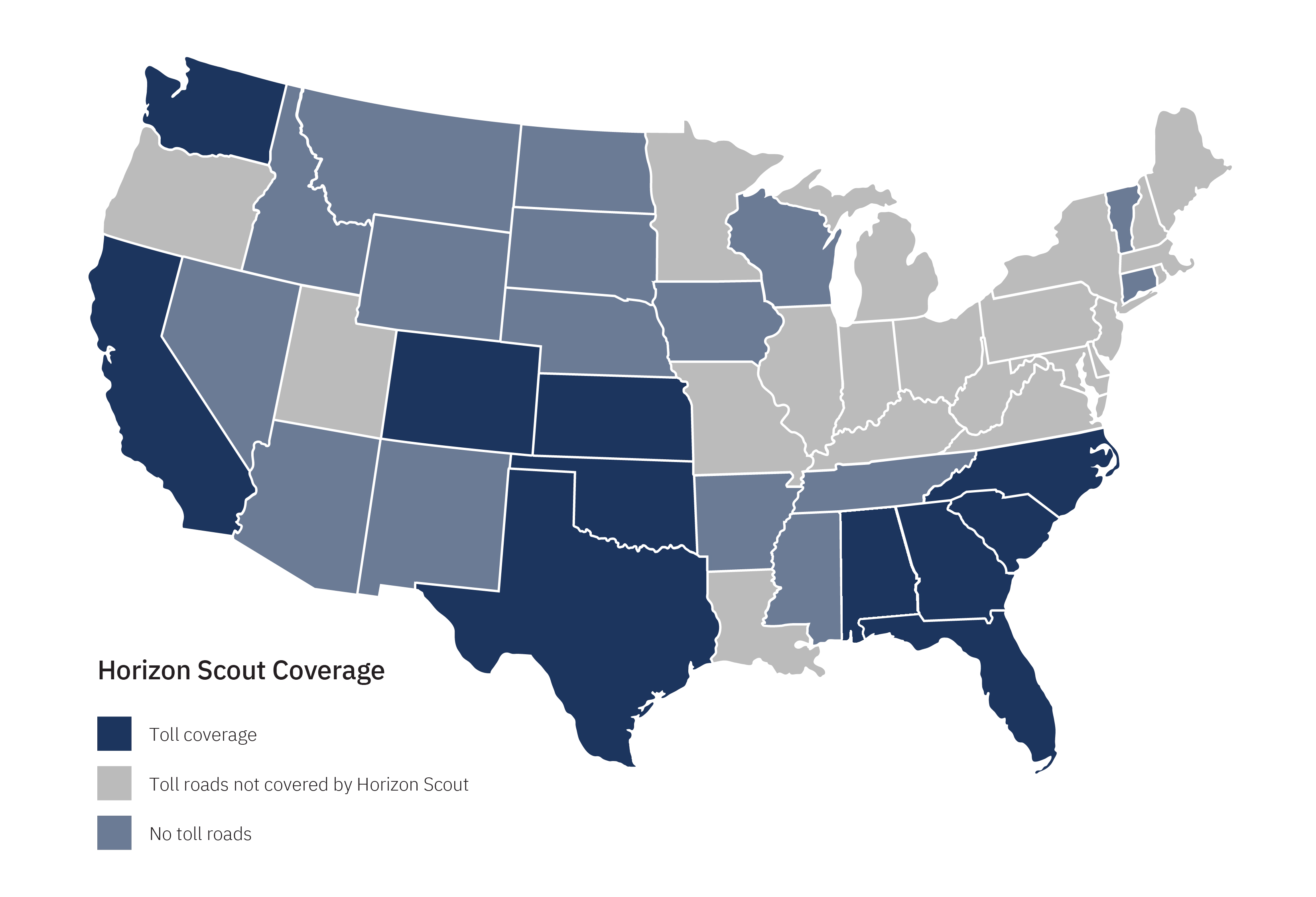 United States map showing coverage for Horizon Scout toll transponder offered by Bestpass