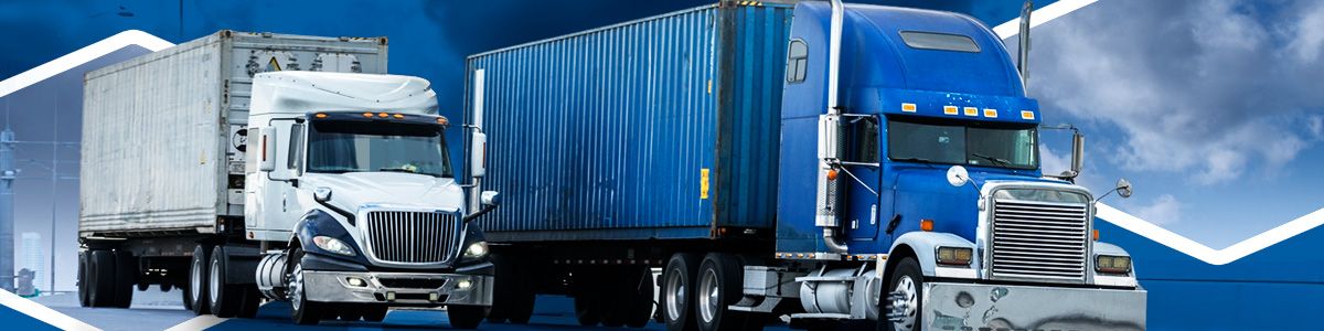 A blue and white tractor trailer are parked beside each other on top of an edited blue background.