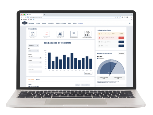 A silver laptop is open to show the Bestpass main portal, displaying the company's toll expense by post date