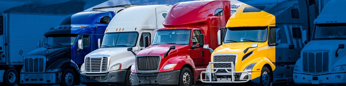 A line of multicolored trucks are highlighted in blue